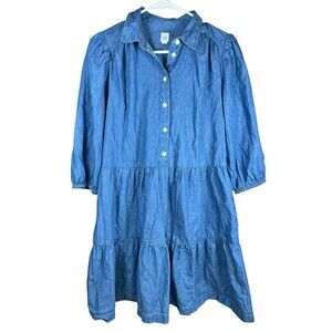 GAP Denim‎ Chambray Tiered Shirt Dress Small Petite Puff Sleeve Western Prairie
